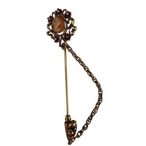 Vintage Gold Tone Floral Cameo Stick Pin W/Chain Ornate Design Various Metal